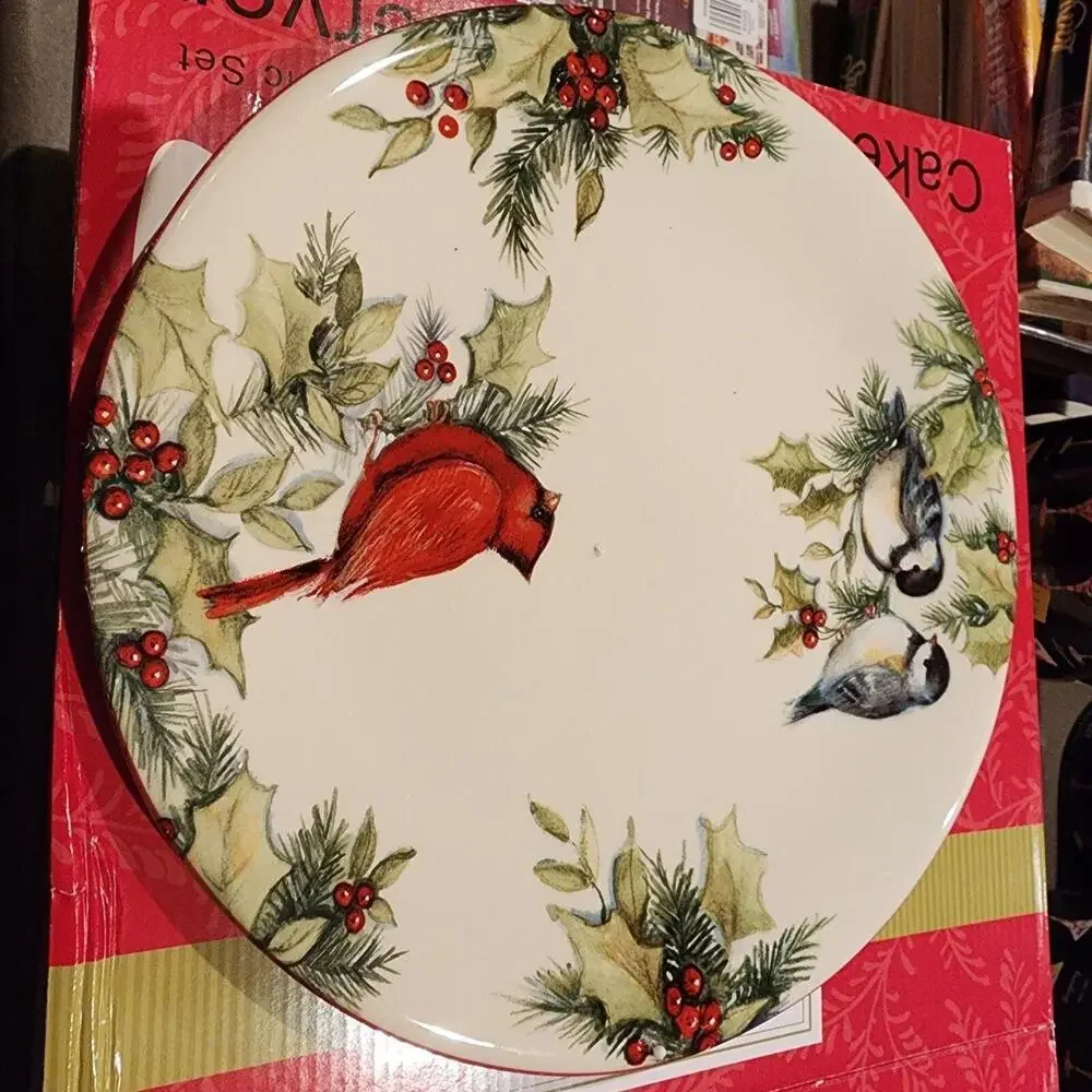 New holiday cake platter set 12” Round Cardinal Cake Plate With Cake Server A3